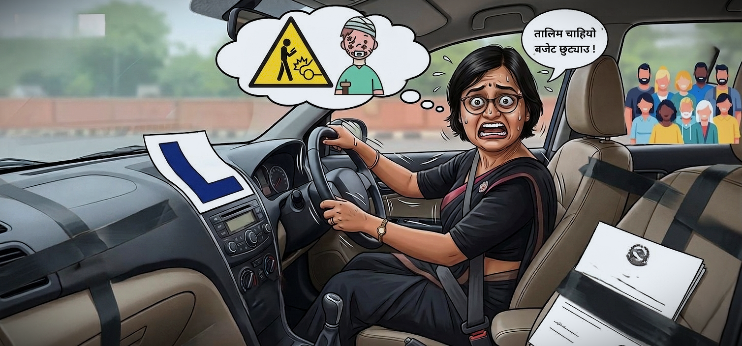 ड्राइभर सीटमा बसेपछि स्टेरिङ घुमाउन ट्रेनिङ!